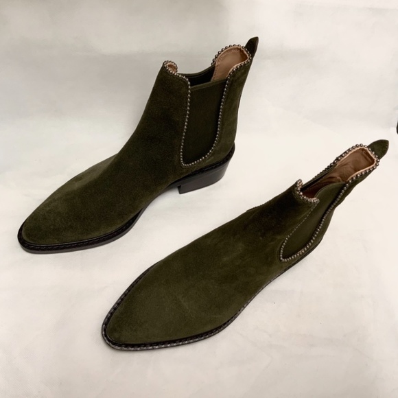 Coach Bowery bead Chelsea Khaki Green Suede Leather Ankle Fashion Boots Booties - Picture 9 of 14